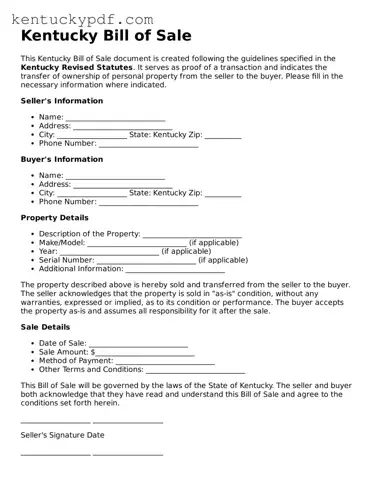 Printable Bill of Sale Document for Kentucky State