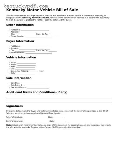 Printable Motor Vehicle Bill of Sale Document for Kentucky State
