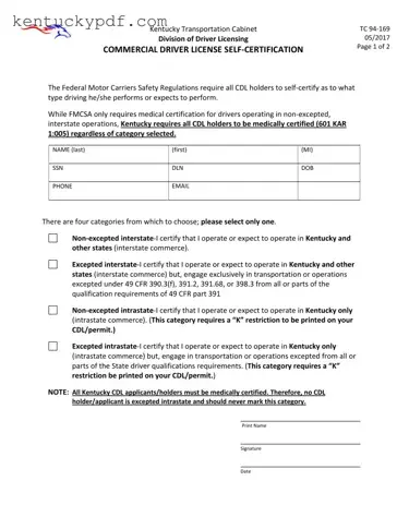 Fill in Your Kentucky Cdl Self Certification Form