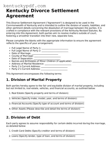 Printable Divorce Settlement Agreement Document for Kentucky State