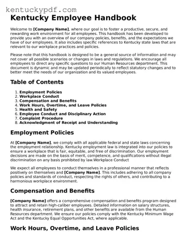 Printable Employee Handbook Document for Kentucky State