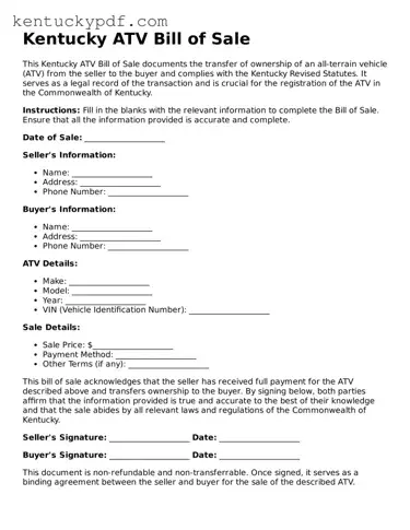 Printable ATV Bill of Sale Document for Kentucky State