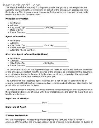 Printable Medical Power of Attorney Document for Kentucky State