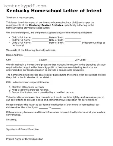 Printable Homeschool Letter of Intent Document for Kentucky State