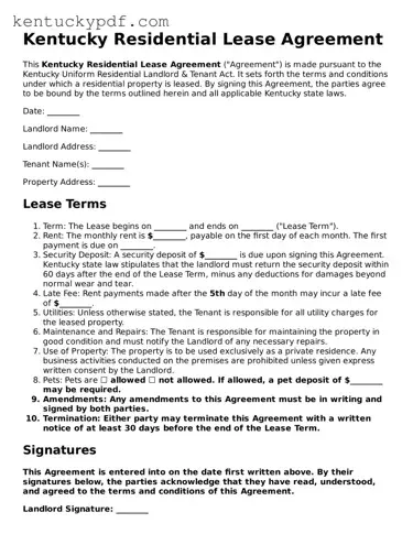 Printable Residential Lease Agreement Document for Kentucky State