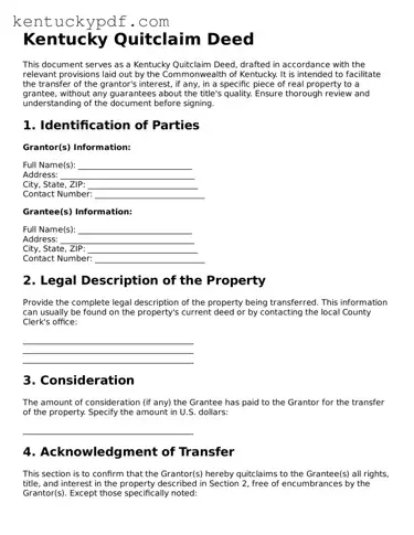 Printable Quitclaim Deed Document for Kentucky State
