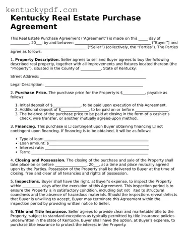 Printable Real Estate Purchase Agreement Document for Kentucky State
