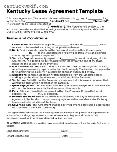 Printable Lease Agreement Document for Kentucky State